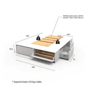 Cama Box Con Cajones 160 x 35 x 190cm Centro Estant C160BL Vendido por Tecnofast