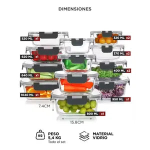 Set x12 Contenedor Hermético de Vidrio Gadnic