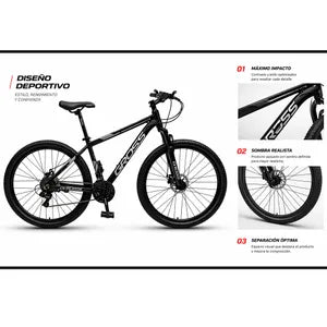 Bicicleta Gross MTB Rodado 29 Mountain Bike Aluminio 21v Cambios Shimano Negro Blanco