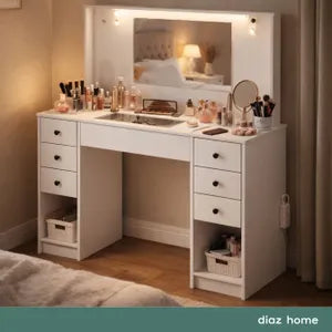 Maquillador Tocador Escritorio Con Luz Espejo 6 Cajones Color Blanco Dormitorio