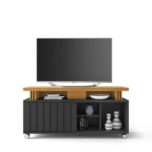 Rack TV Negro con Puerta Corrediza – Mueble para Televisor Moderno 50 a 55 Pulgadas con Ruedas 136 cm