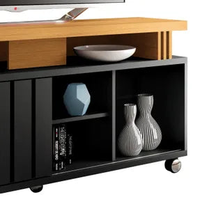 Rack TV Negro con Puerta Corrediza – Mueble para Televisor Moderno 50 a 55 Pulgadas con Ruedas 136 cm