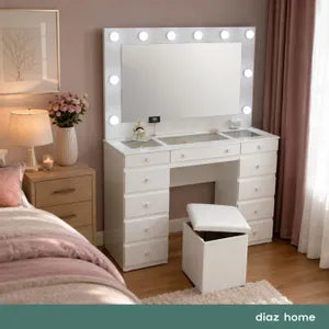 Maquillador Tocador con Espejo Hollywood 11 Cajones 1.20m Escritorio Dormitorio (Blanco) + Puff Baulero de regalo