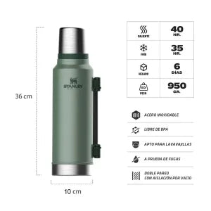 Termo Stanley Classic 1.4 Lts Verde Asa Plegable c/ Tapón Pico Cebador