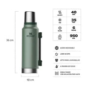 Termo Stanley Classic 1.4 Lts Verde Asa Plegable c/ Tapón Pico Cebador