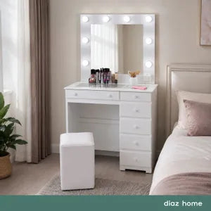 Maquillador Tocador con Espejo Hollywood 90cm Escritorio Dormitorio (Blanco) + Puff Baulero de regalo