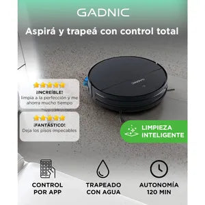 Aspiradora Robot Gadnic 3 Modos Automática Control Remoto App Mopa Tanque de Agua 150 ml Filtro Lavable Programación Auto-Recarga