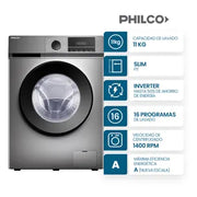 Lavarropas Automático Carga Frontal Inverter Philco 11 Kg 1400 RPM PHLF111GN2