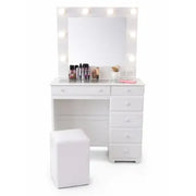 Maquillador Tocador con Espejo Hollywood 90cm Escritorio Dormitorio (Blanco) + Puff Baulero de regalo