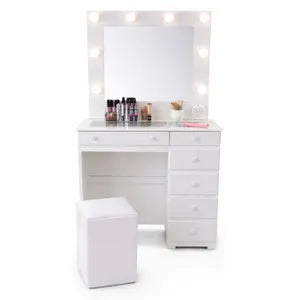 Maquillador Tocador con Espejo Hollywood 90cm Escritorio Dormitorio (Blanco) + Puff Baulero de regalo