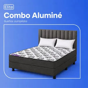 Combo Conjunto Sommier Elite Aluminé 2 Plazas (140x190 cm) + Respaldo Pana Velvet + 2 Almohadas de Regalo