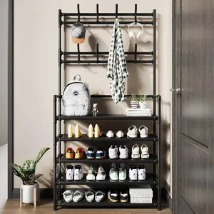 Organizador De Zapatos Y Ropa Con 8 Ganchos Y 5 Niveles 80x172x26cm Marca HomeCo. Color Negro