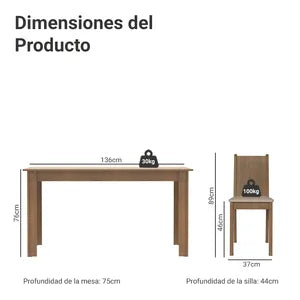 Juego de comedor Analu 6 sillas Madesa 136 Cm