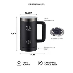 Espumador De Leche CUK By Gadnic 4 funciones 450 ML Espuma Cremosa 500W Acero Inoxidable (Color Negro)