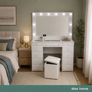 Maquillador Tocador con Espejo Hollywood 11 Cajones 1.20m Escritorio Dormitorio (Blanco) + Puff Baulero de regalo