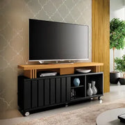 Rack TV Negro con Puerta Corrediza – Mueble para Televisor Moderno 50 a 55 Pulgadas con Ruedas 136 cm