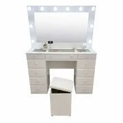 Maquillador Tocador con Espejo Hollywood 11 Cajones 1.20m Escritorio Dormitorio (Blanco) + Puff Baulero de regalo