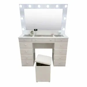 Maquillador Tocador con Espejo Hollywood 11 Cajones 1.20m Escritorio Dormitorio (Blanco) + Puff Baulero de regalo